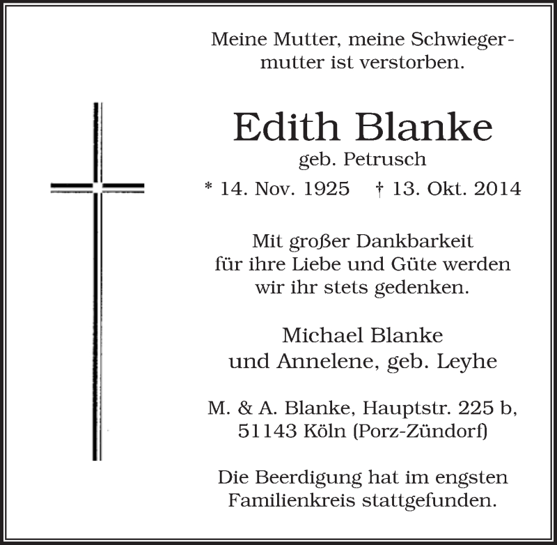  Traueranzeige für Edith Blanke vom 22.10.2014 aus  Extra Blatt 
