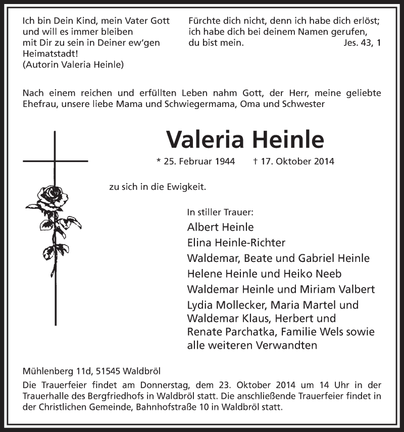  Traueranzeige für Valeria Heinle vom 22.10.2014 aus  Lokalanzeiger 