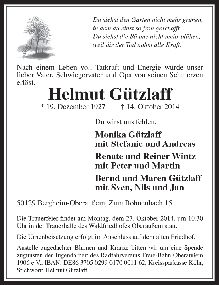  Traueranzeige für Helmut Gützlaff vom 22.10.2014 aus  Werbepost 