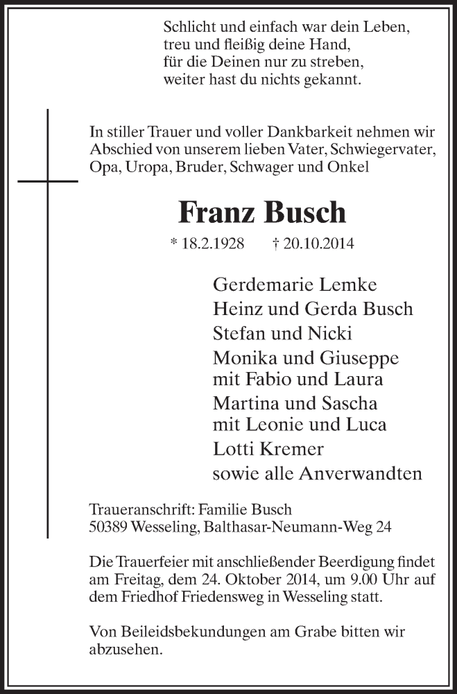  Traueranzeige für Franz Busch vom 22.10.2014 aus  Schlossbote/Werbekurier 