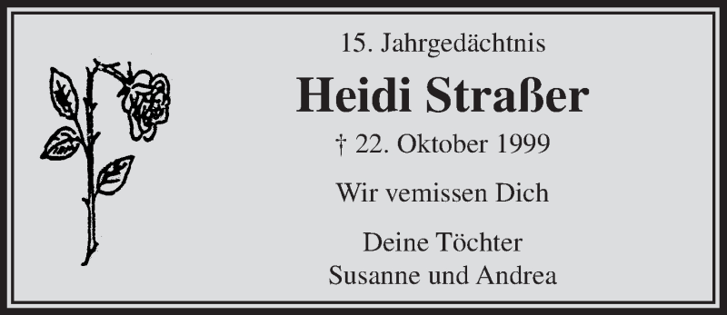  Traueranzeige für Heidi Straßer vom 22.10.2014 aus  Bergisches Handelsblatt 