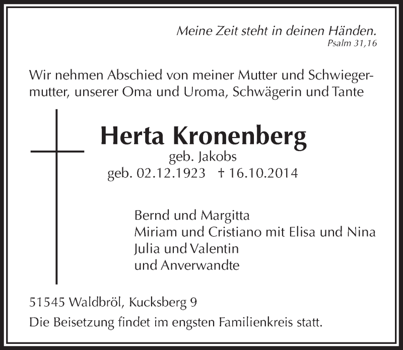  Traueranzeige für Herta Kronenberg vom 22.10.2014 aus  Lokalanzeiger 