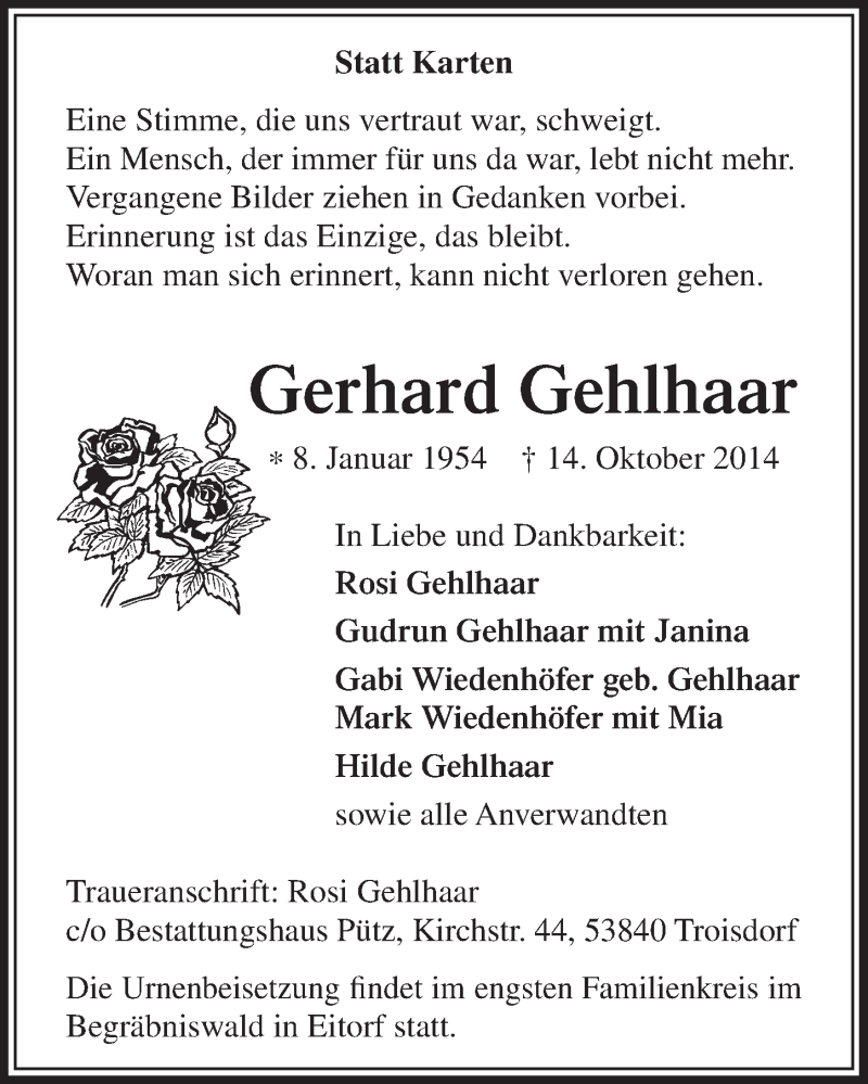  Traueranzeige für Gerhard Gehlhaar vom 22.10.2014 aus  Werbepost 