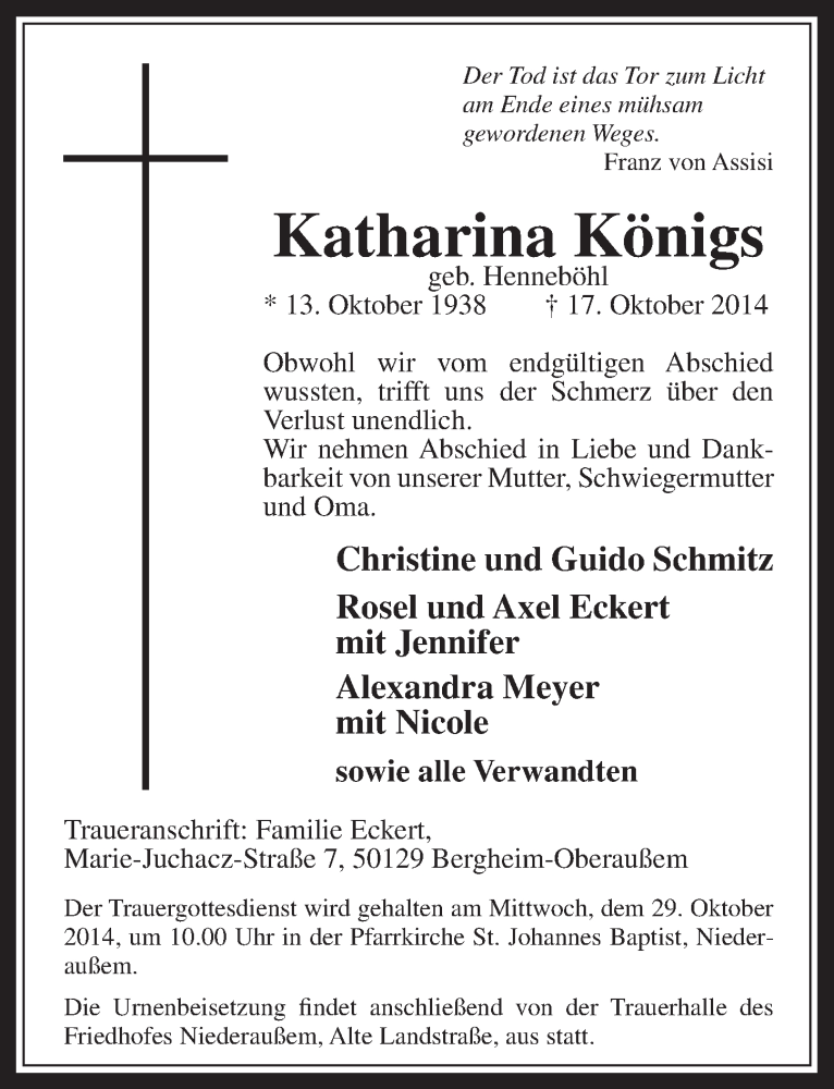  Traueranzeige für Katharina Königs vom 22.10.2014 aus  Werbepost 