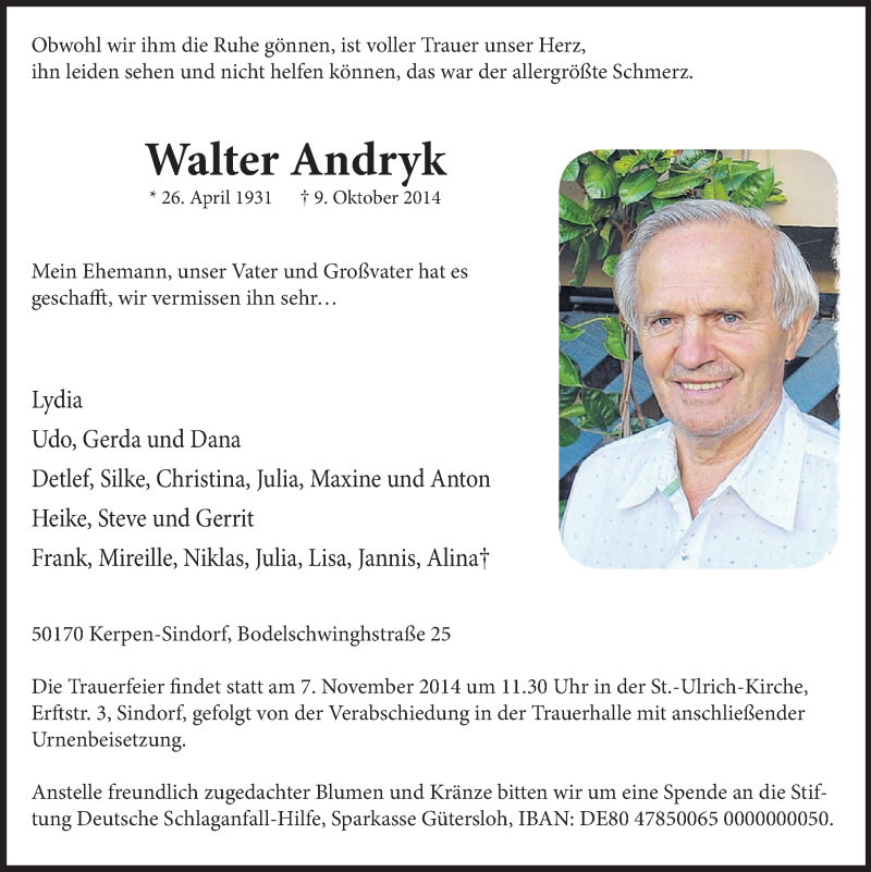  Traueranzeige für Walter Andryk vom 22.10.2014 aus  Schlossbote/Werbekurier 
