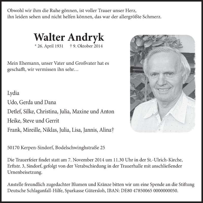  Traueranzeige für Walter Andryk vom 29.10.2014 aus  Werbepost 