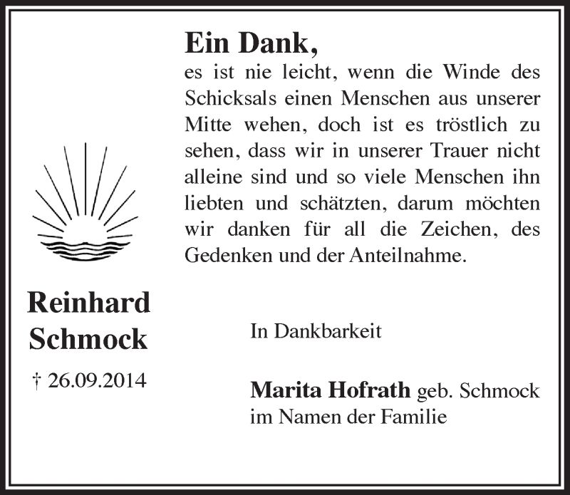  Traueranzeige für Reinhard Schmock vom 22.10.2014 aus  Bergisches Handelsblatt 