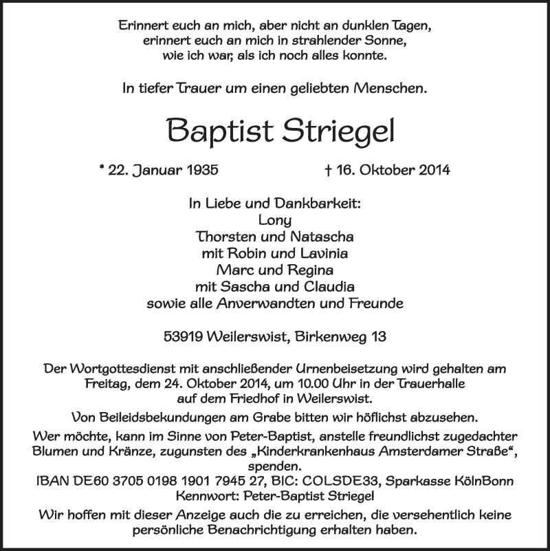  Traueranzeige für Baptist Striegel vom 22.10.2014 aus  Schlossbote/Werbekurier 