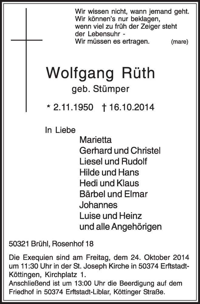  Traueranzeige für Wolfgang Rüth vom 22.10.2014 aus  Schlossbote/Werbekurier 