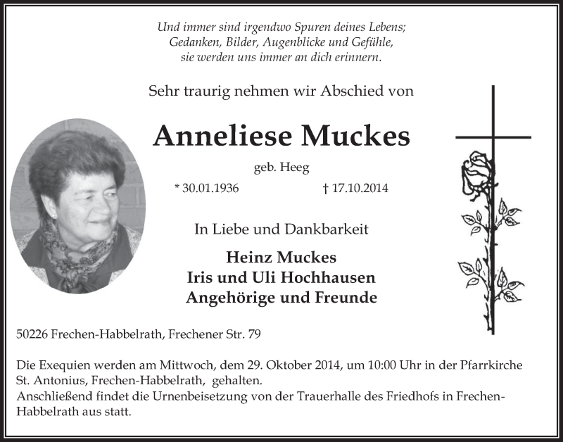  Traueranzeige für Anneliese Muckes vom 22.10.2014 aus  Wochenende 