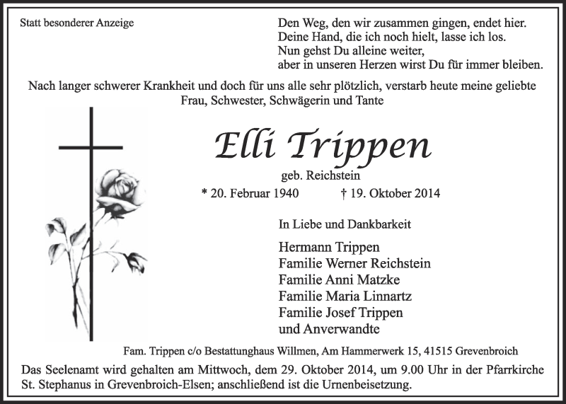  Traueranzeige für Elli Trippen vom 25.10.2014 aus  Sonntags-Post 