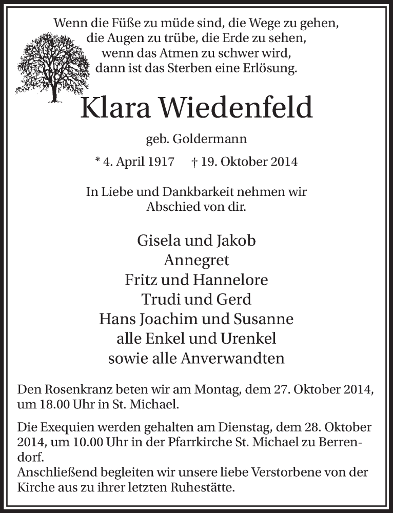  Traueranzeige für Klara Wiedenfeld vom 25.10.2014 aus  Sonntags-Post 