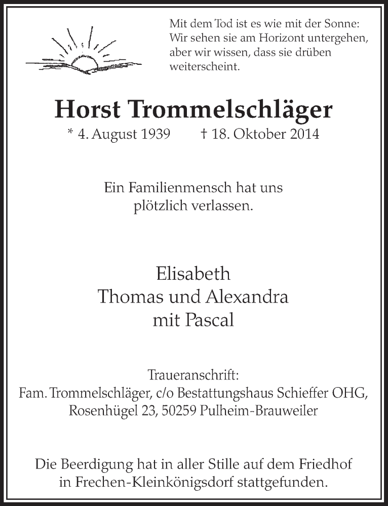  Traueranzeige für Horst Trommelschläger vom 25.10.2014 aus  Sonntags-Post 