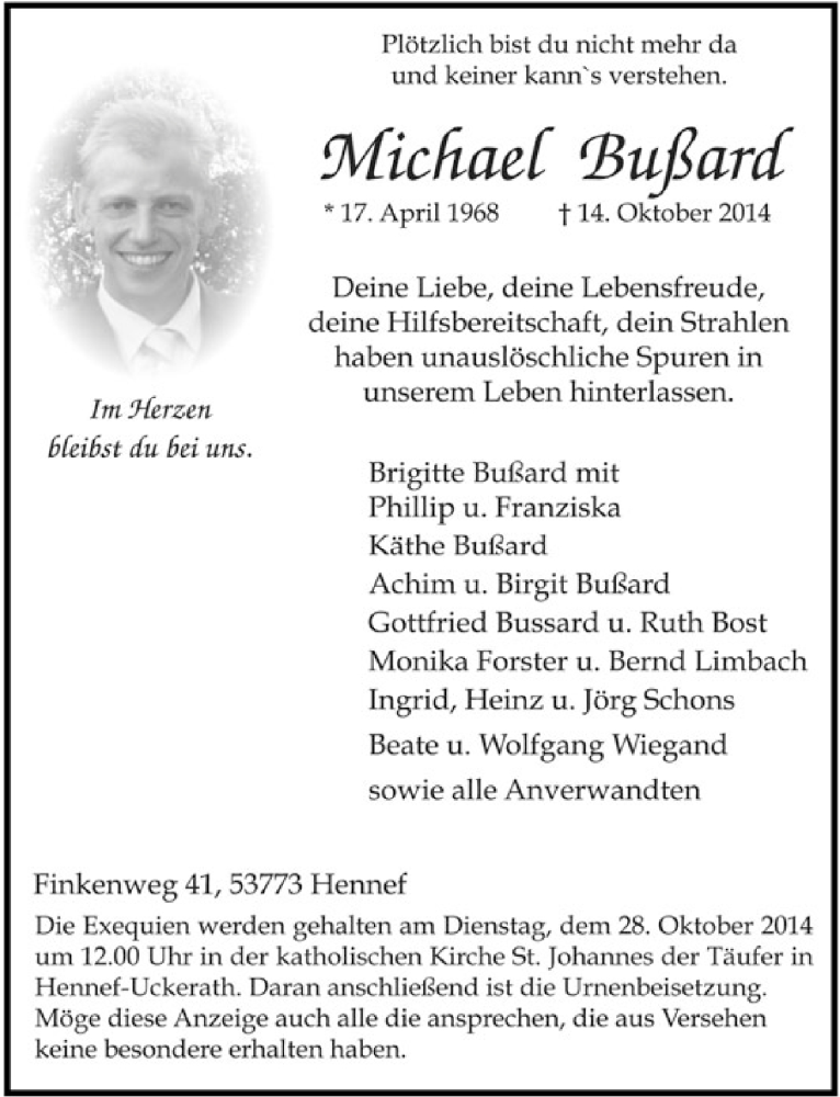  Traueranzeige für Michael Bußard vom 25.10.2014 aus  Rhein-Sieg-Wochenende 