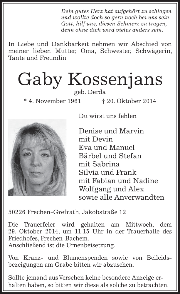  Traueranzeige für Gaby Kossenjans vom 25.10.2014 aus  Sonntags-Post 