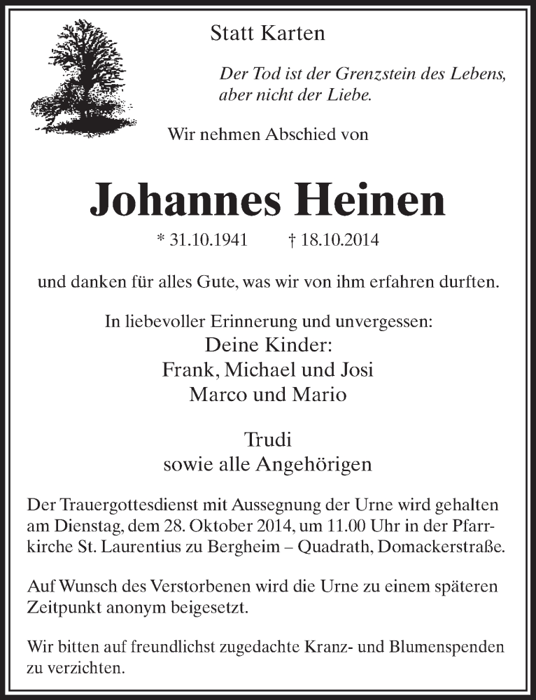  Traueranzeige für Johannes Heinen vom 25.10.2014 aus  Sonntags-Post 