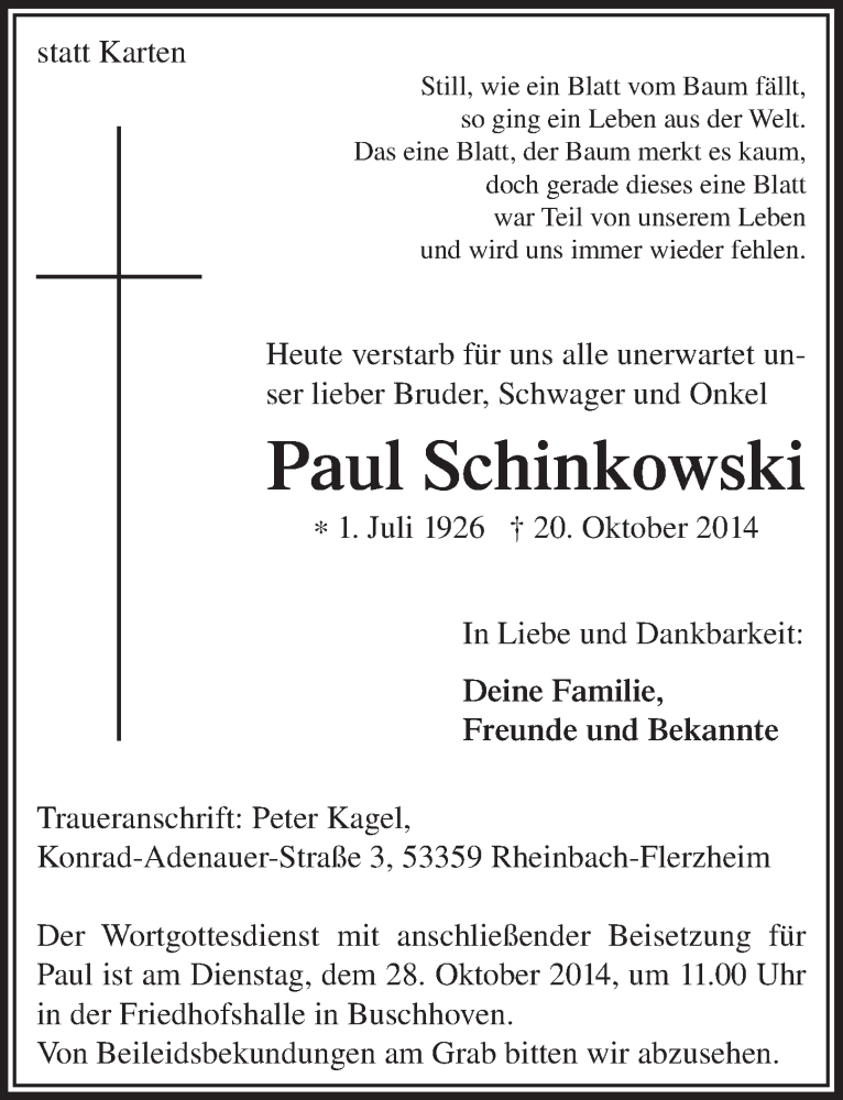  Traueranzeige für Paul Schinkowski vom 25.10.2014 aus  Schaufenster/Blickpunkt am Wochenende 