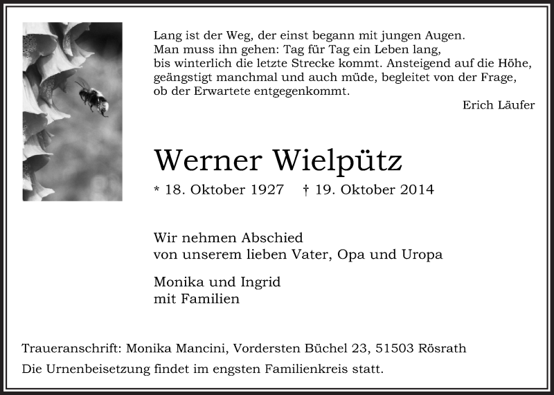  Traueranzeige für Werner Wielpütz vom 25.10.2014 aus  Bergisches Sonntagsblatt 