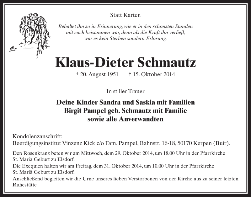  Traueranzeige für Klaus-Dieter Schmautz vom 25.10.2014 aus  Sonntags-Post 