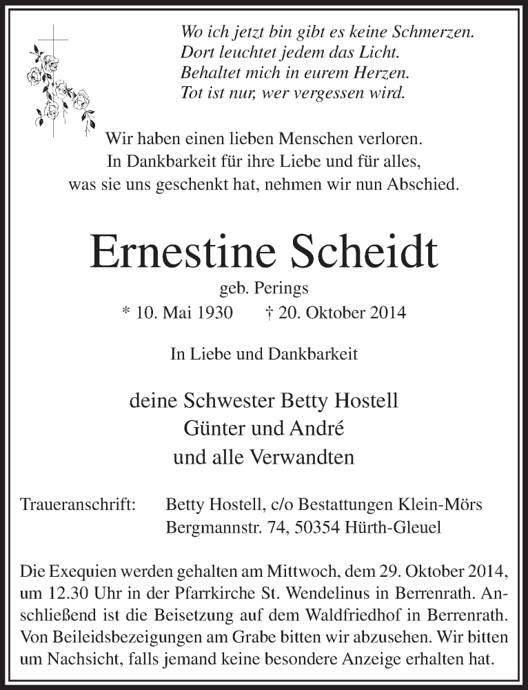  Traueranzeige für Ernestine Scheidt vom 25.10.2014 aus  Sonntags-Post 
