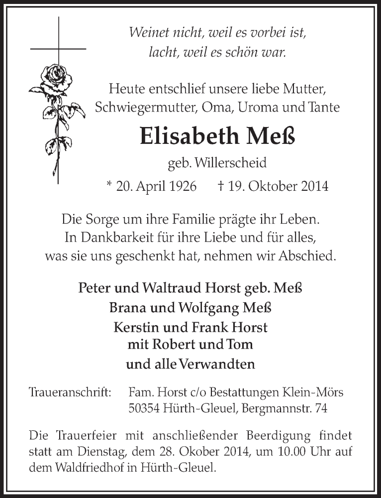  Traueranzeige für Elisabeth Meß vom 25.10.2014 aus  Sonntags-Post 