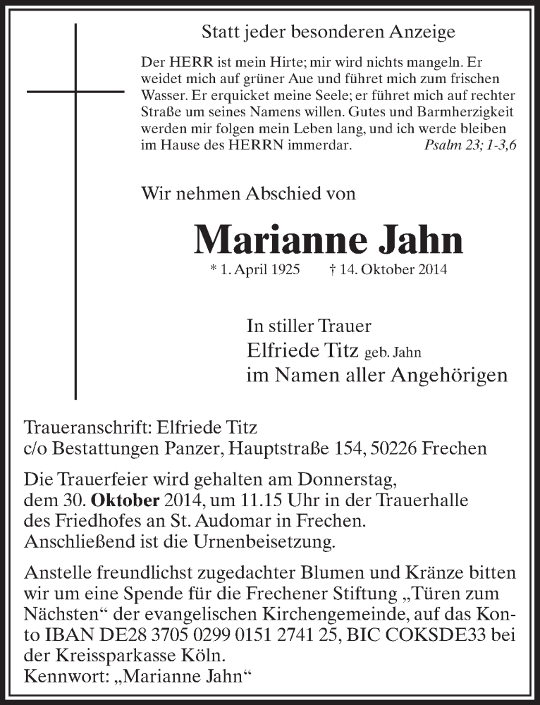  Traueranzeige für Marianne Jahn vom 25.10.2014 aus  Sonntags-Post 