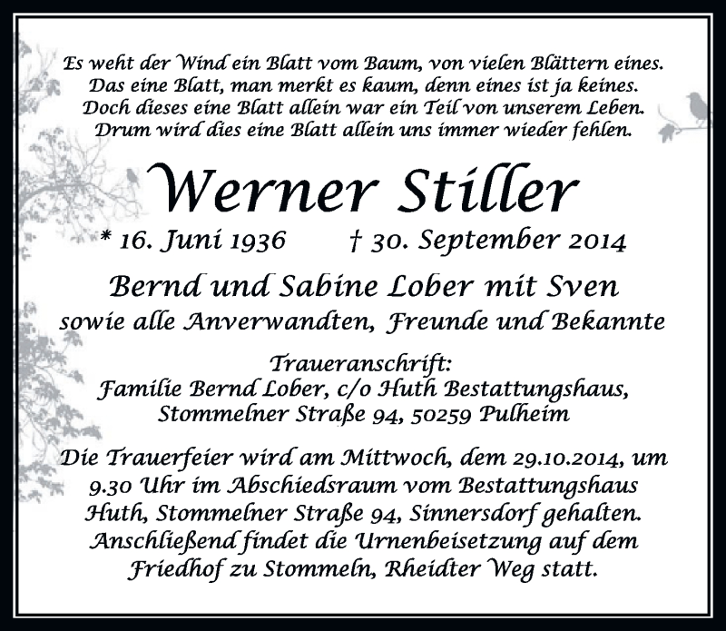  Traueranzeige für Werner Stiller vom 25.10.2014 aus  Sonntags-Post 