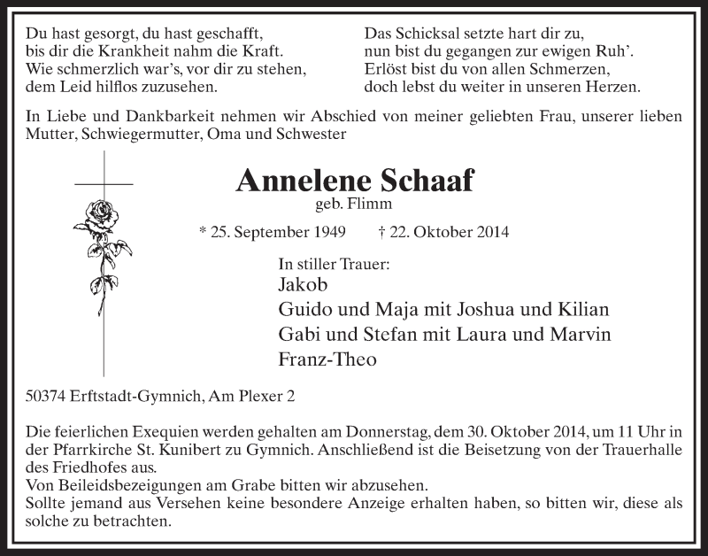 Traueranzeige für Annelene Schaaf vom 25.10.2014 aus  Sonntags-Post 
