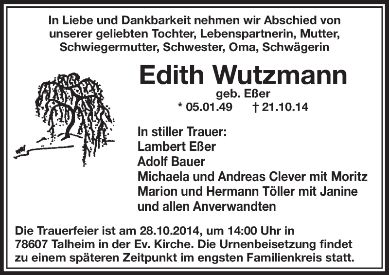  Traueranzeige für Edith Wutzmann vom 25.10.2014 aus  Sonntags-Post 