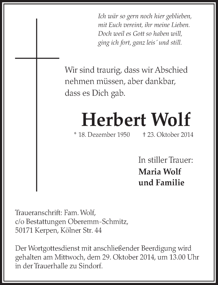  Traueranzeige für Herbert Wolf vom 25.10.2014 aus  Sonntags-Post 