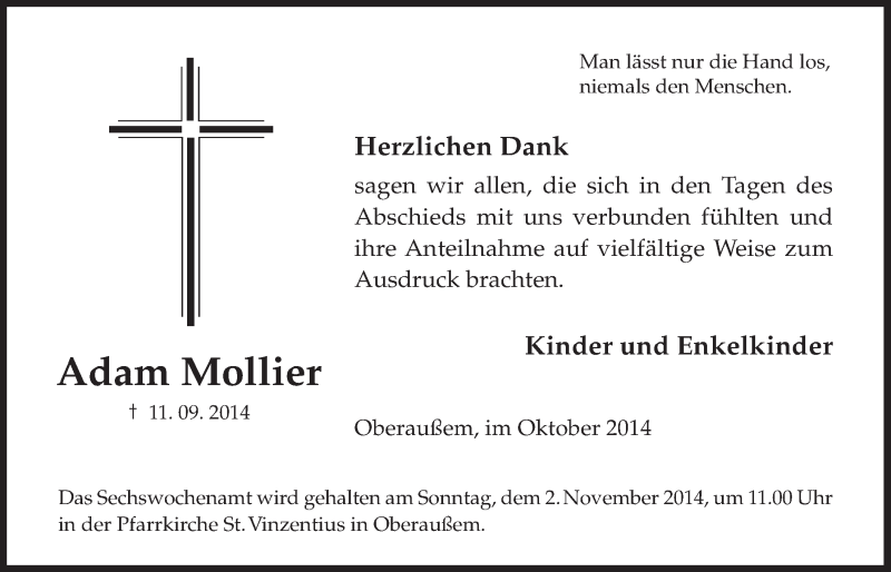  Traueranzeige für Adam Mollier vom 29.10.2014 aus  Werbepost 