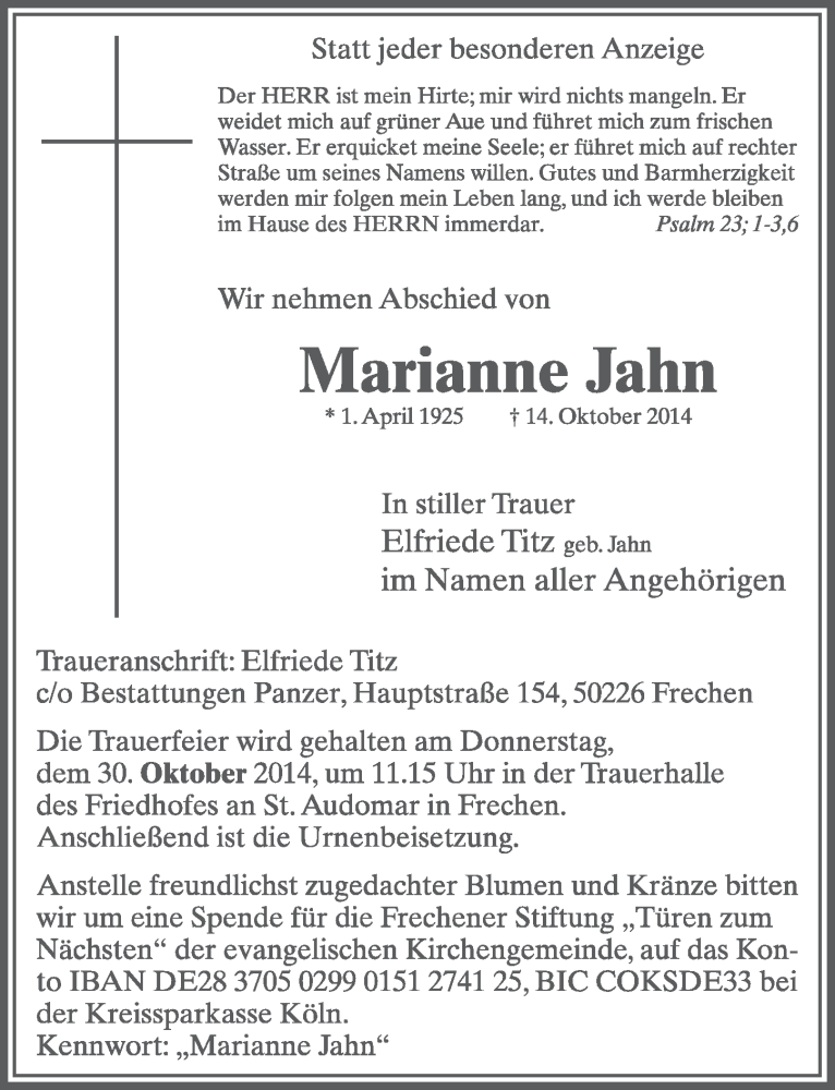  Traueranzeige für Marianne Jahn vom 29.10.2014 aus  Wochenende 