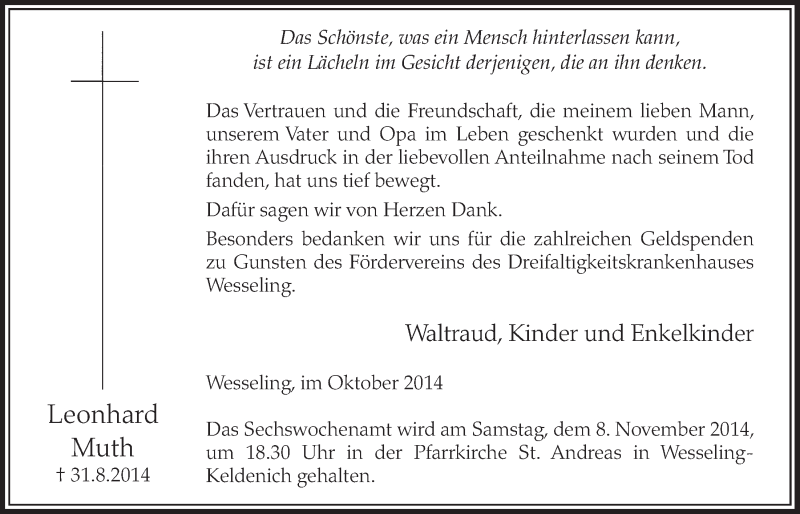  Traueranzeige für Leonhard Muth vom 29.10.2014 aus  Schlossbote/Werbekurier 