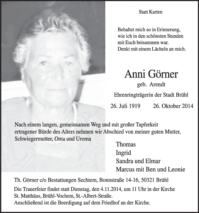  Traueranzeige für Anni Görner vom 29.10.2014 aus  Schlossbote/Werbekurier 