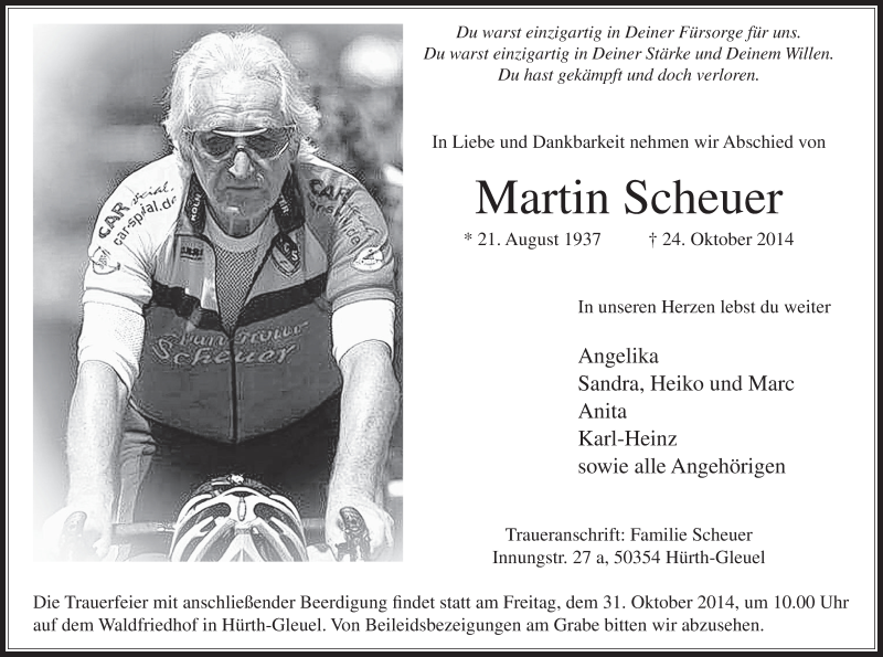  Traueranzeige für Martin Scheuer vom 29.10.2014 aus  Wochenende 