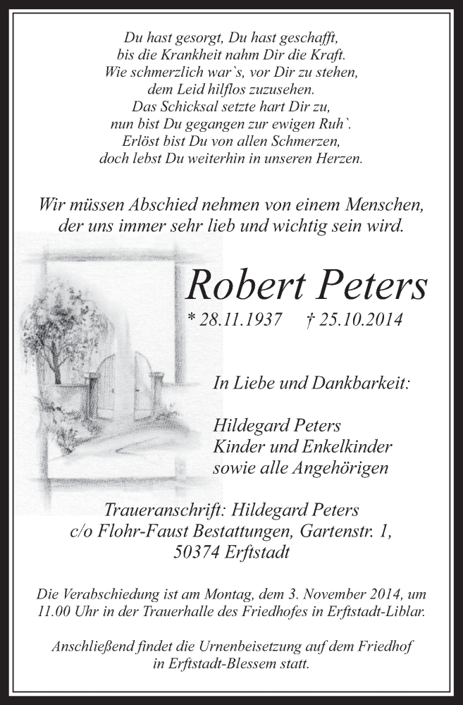 Traueranzeige für Robert Peters vom 29.10.2014 aus  Werbepost 