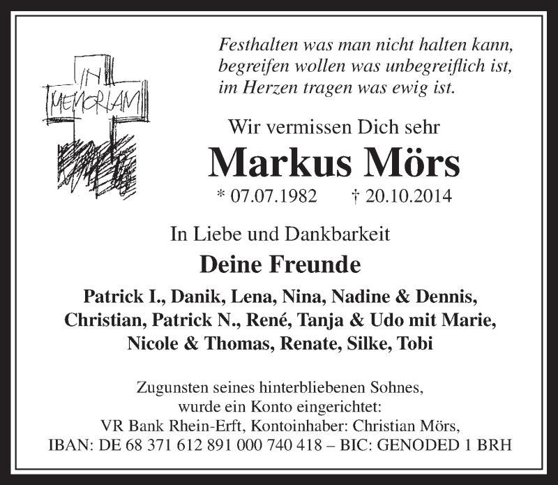  Traueranzeige für Markus Mörs vom 31.10.2014 aus  Sonntags-Post 
