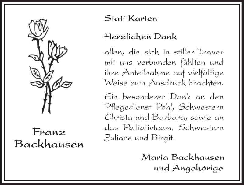  Traueranzeige für Franz Backhausen vom 05.11.2014 aus  Schlossbote/Werbekurier 
