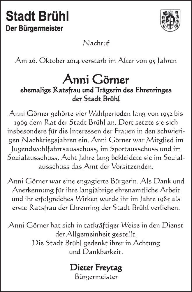  Traueranzeige für Anni Görner vom 05.11.2014 aus  Schlossbote/Werbekurier 