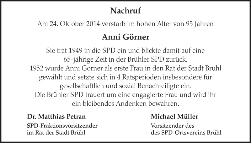  Traueranzeige für Anni Görner vom 05.11.2014 aus  Schlossbote/Werbekurier 