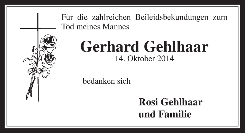  Traueranzeige für Gerhard Gehlhaar vom 05.11.2014 aus  Werbepost 