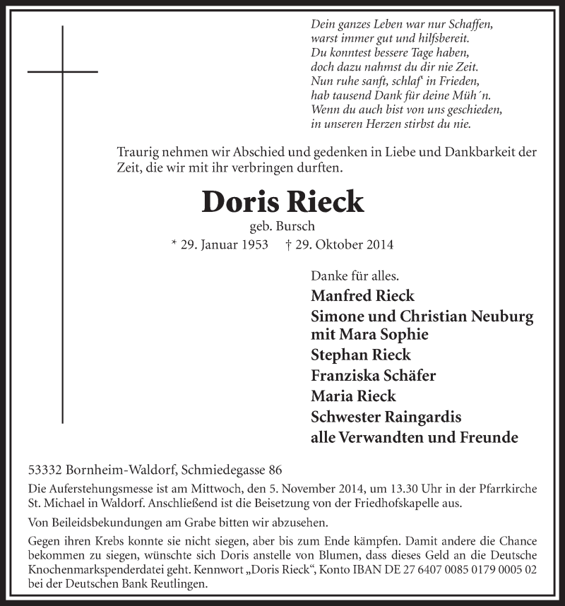  Traueranzeige für Doris Rieck vom 05.11.2014 aus  Schlossbote/Werbekurier 