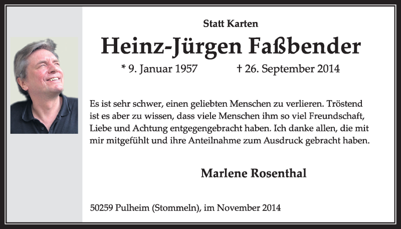  Traueranzeige für Heinz-Jürgen Faßbender vom 08.11.2014 aus  Sonntags-Post 