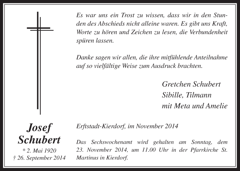  Traueranzeige für Josef Schubert vom 12.11.2014 aus  Wochenende  Werbepost 