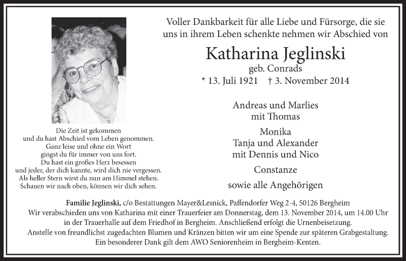  Traueranzeige für Katharina Jeglinski vom 08.11.2014 aus  Sonntags-Post 