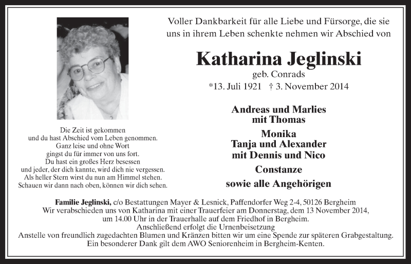  Traueranzeige für Katharina Jeglinski vom 12.11.2014 aus  Werbepost 