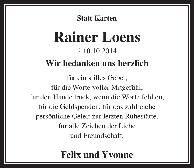  Traueranzeige für Rainer Loens vom 08.11.2014 aus  Sonntags-Post 