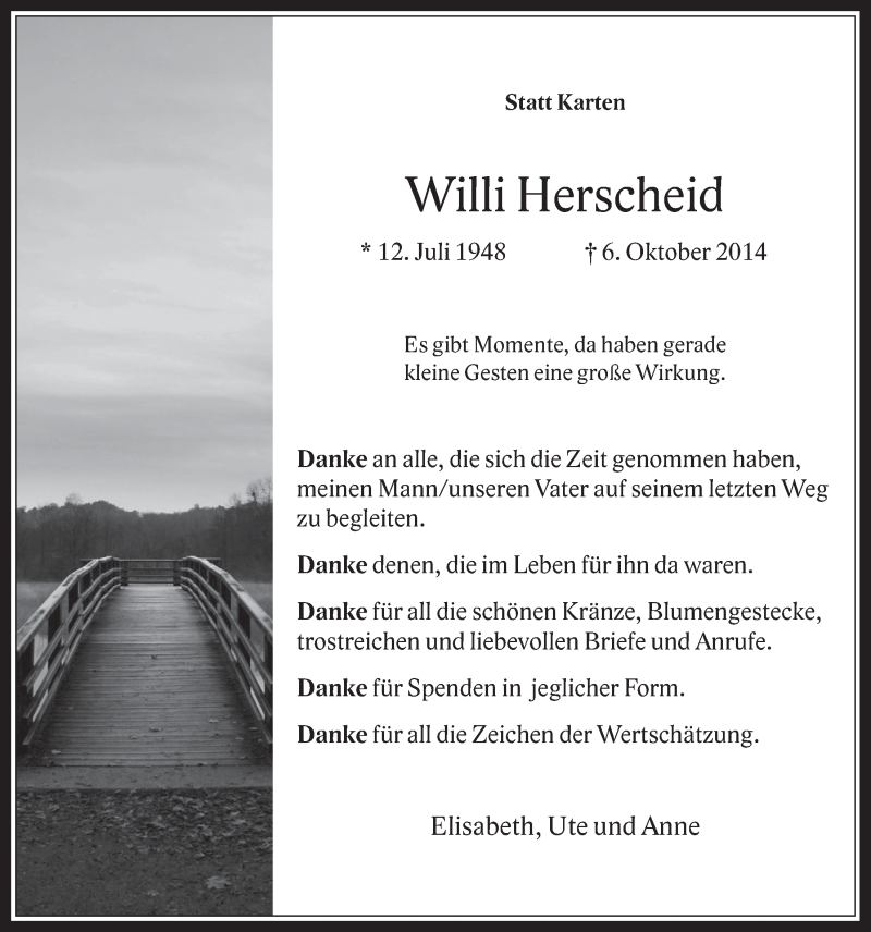  Traueranzeige für Willi Herscheid vom 12.11.2014 aus  Werbepost 