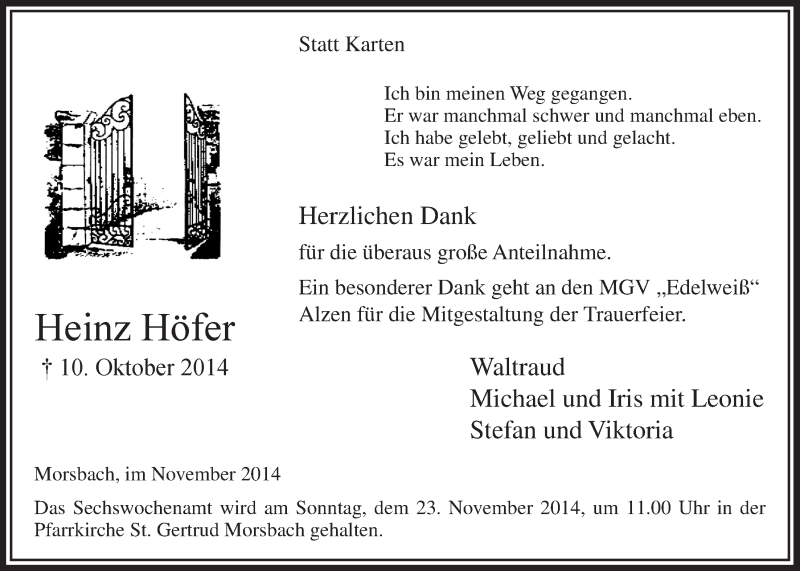  Traueranzeige für Heinz Höfer vom 12.11.2014 aus  Lokalanzeiger 