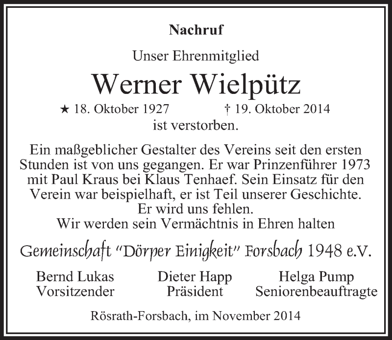  Traueranzeige für Werner Wielpütz vom 12.11.2014 aus  Bergisches Handelsblatt 